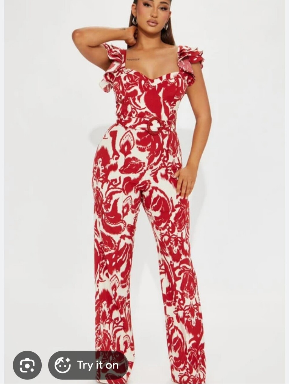 Fashion Nova Red and Cream Floral Ruffle Strap Jumpsuit